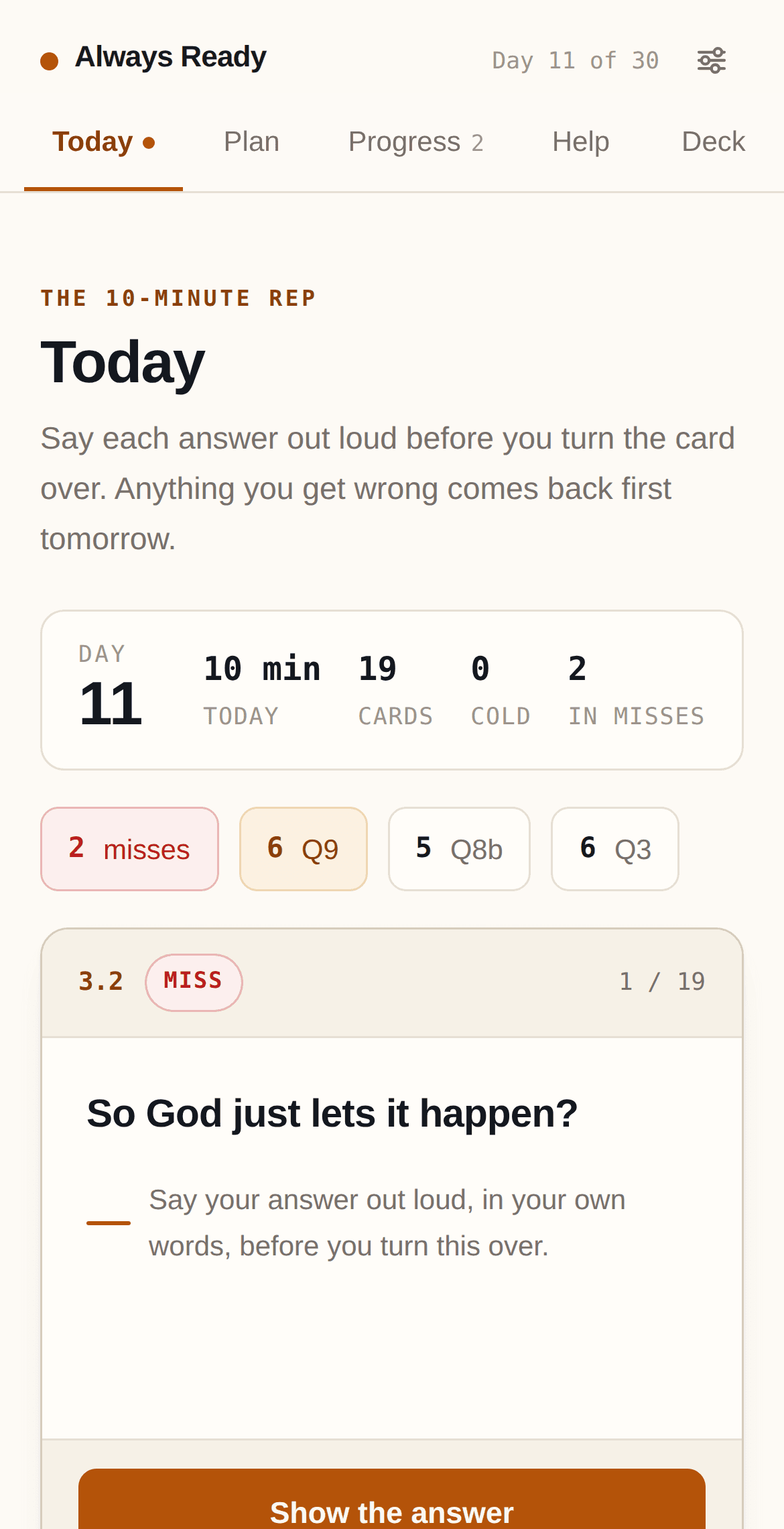 The Today screen on day eleven of the drill: ten minutes, nineteen cards, two of them cards you got wrong yesterday.